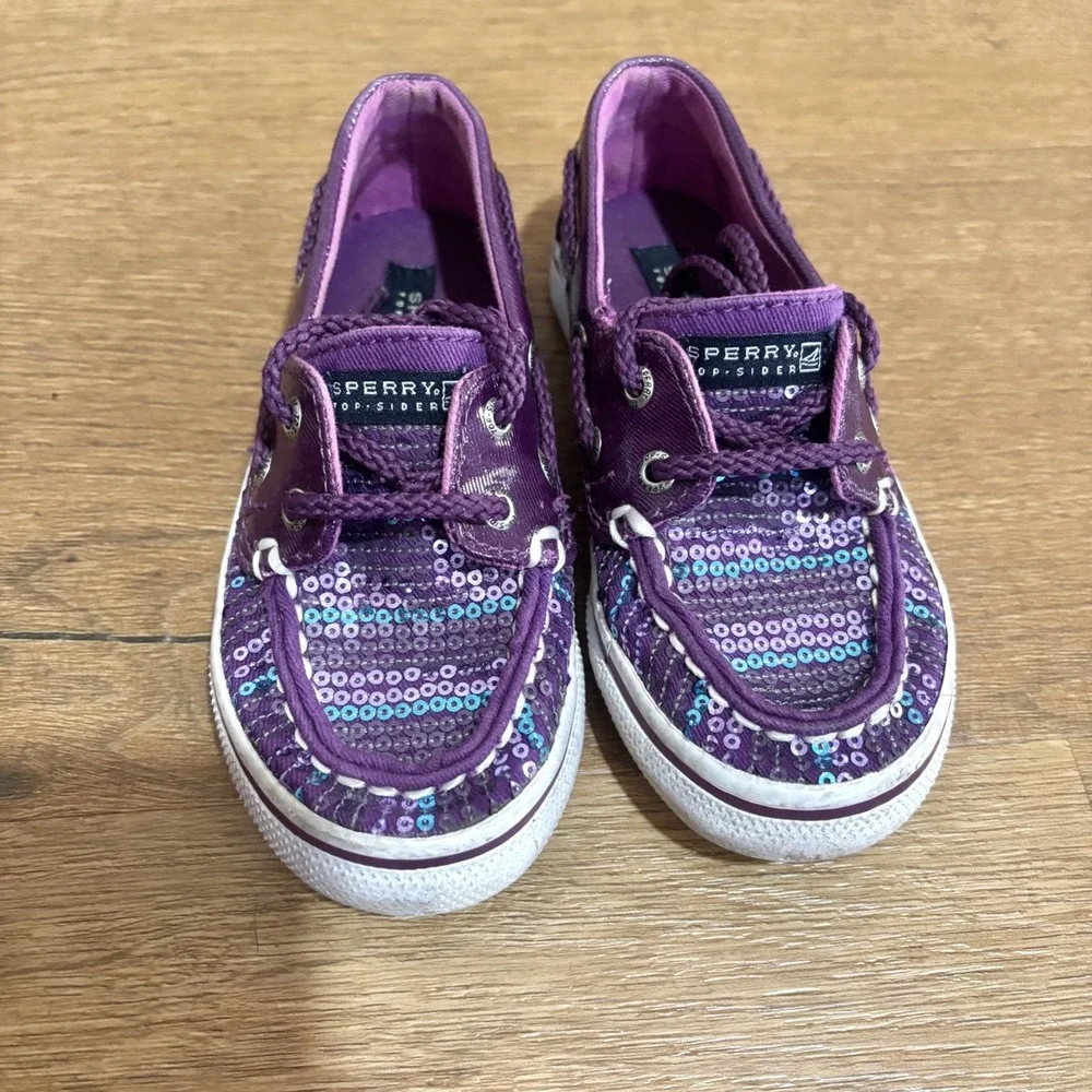Girls Sperry Top Siders Bahama Purple Plum Sequin Boat Shoe Size 9.5 Sparkle‎